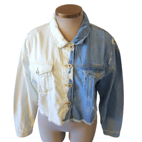 HALF & HALF ☆ ADORABLE ☆ BLEACH DYED ☆ DENIM JACKET ☆ 2x ☆ NWT - Picture 2 of 10
